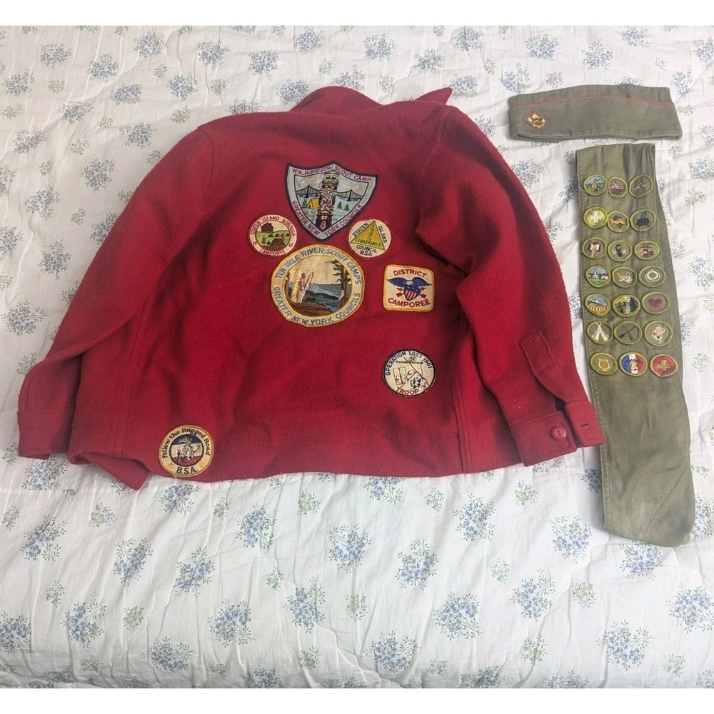 Vintage Boy Scouts of America Red Wool Jacket, Badge Sash + Garrison Hat 60s 70s